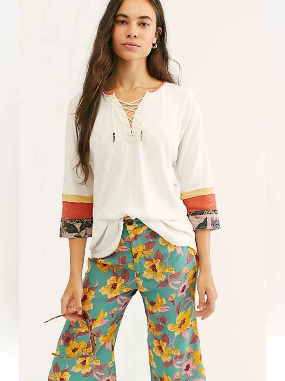 Free People We The Free Blitz White Lace-Up Jersey Cotton Top